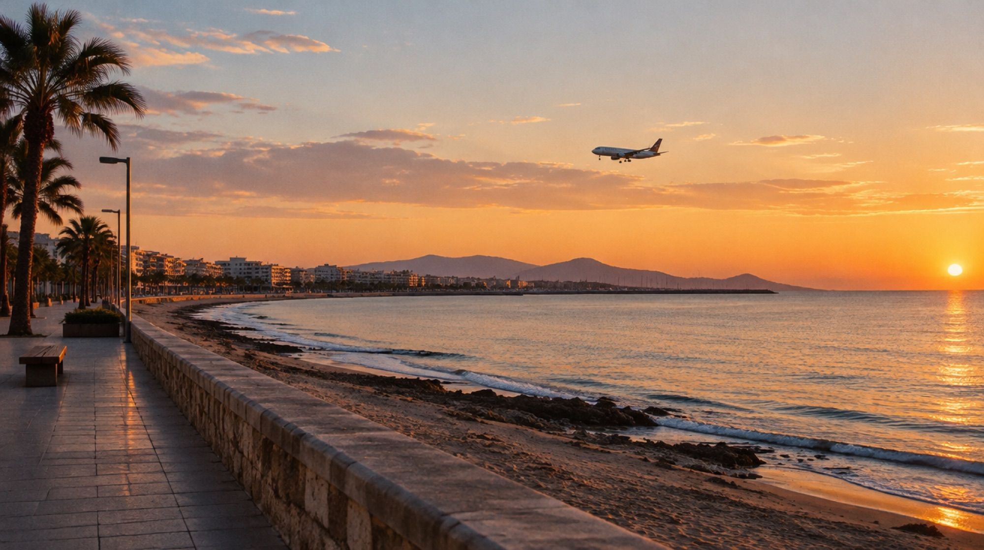 Strandpromenade Can Pastilla im Abendlicht mit Flugzeug im Landeanflug