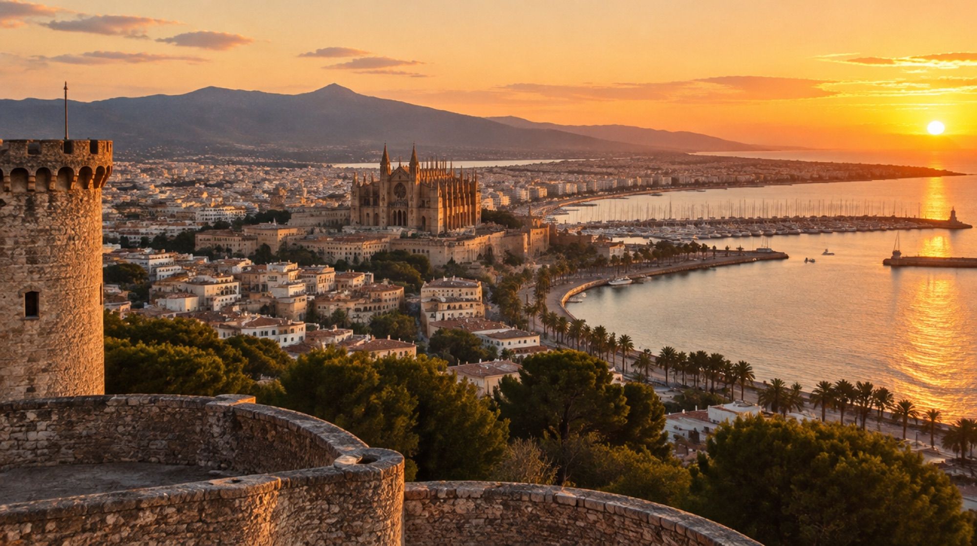 Blick vom Castell de Bellver über Palma bei Sonnenuntergang