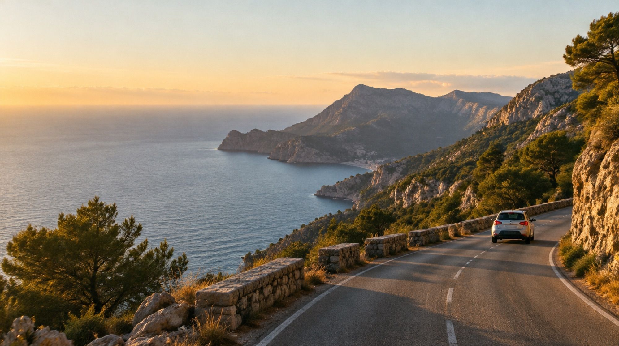 Kleinwagen auf einer Bergstraße in der Serra de Tramuntana am Nachmittag