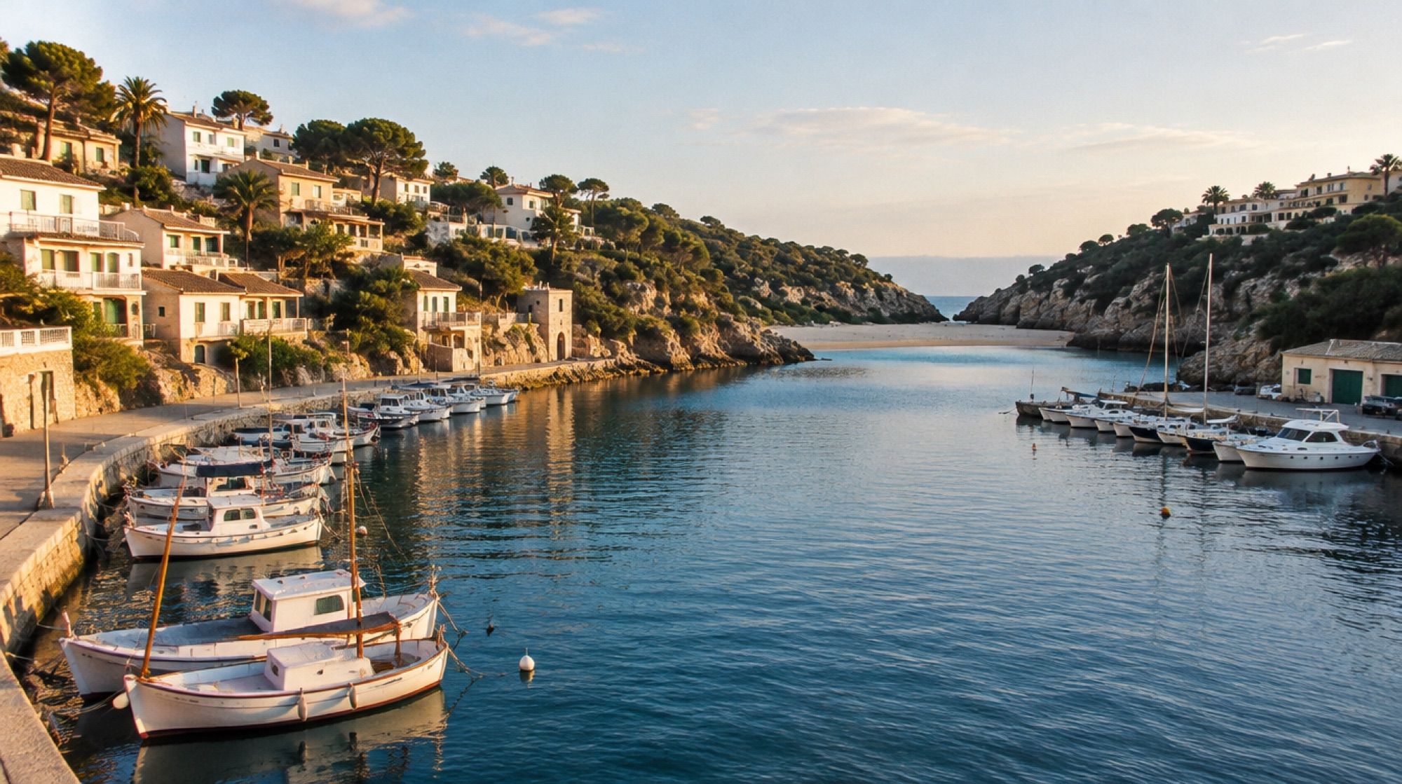 Fjordartige Hafenbucht Cala Manacor in Porto Cristo am Vormittag mit Booten am Kai