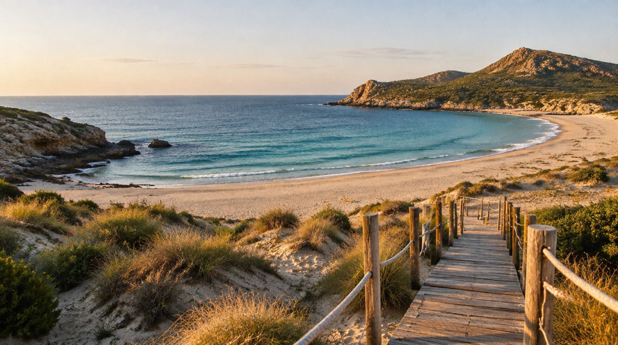 Dünenlandschaft mit Holzsteg und Strandhafer an der Cala Mesquida am frühen Morgen