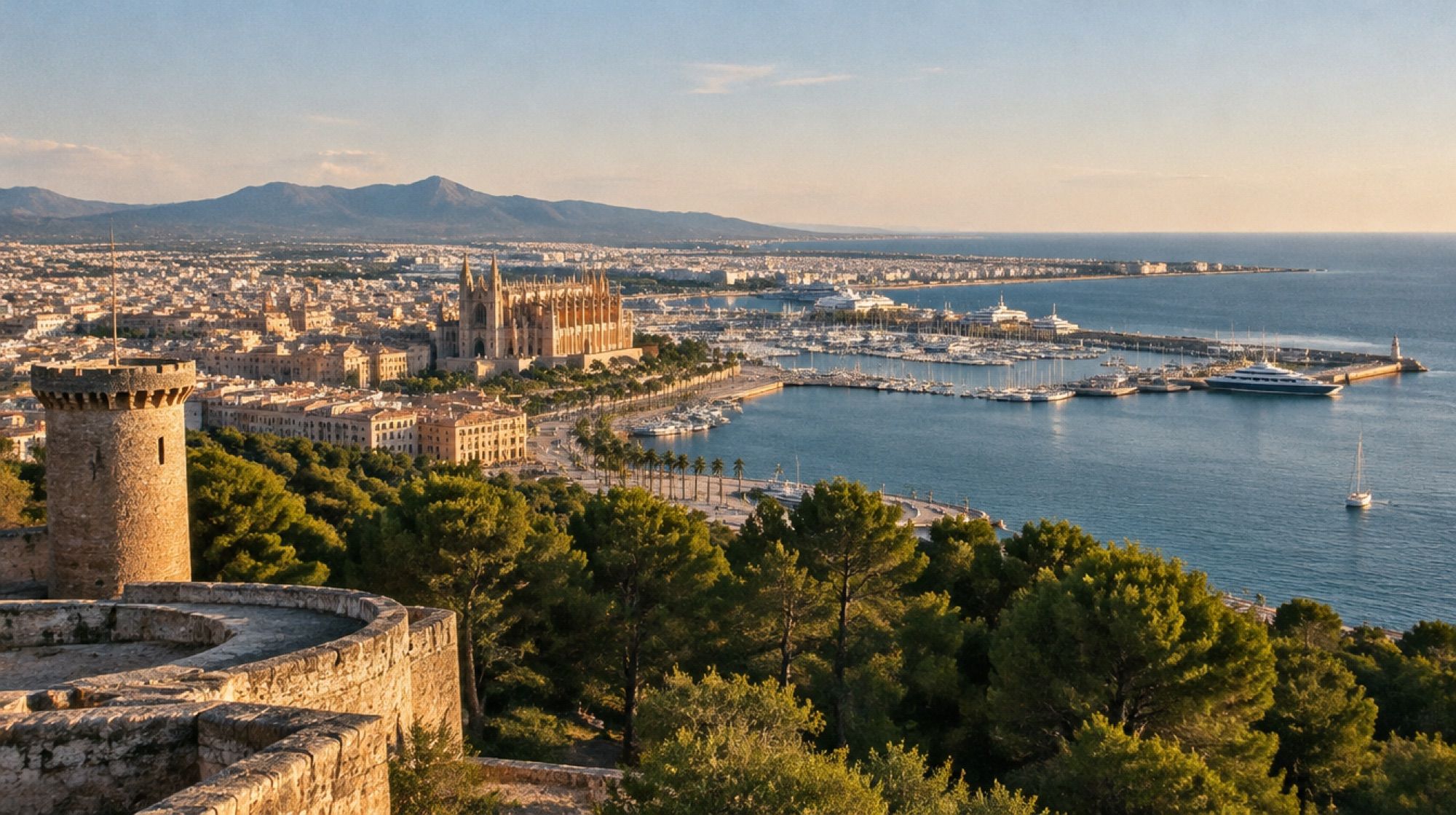 Bucht von Palma mit Hafen und Kathedrale vom Castell de Bellver