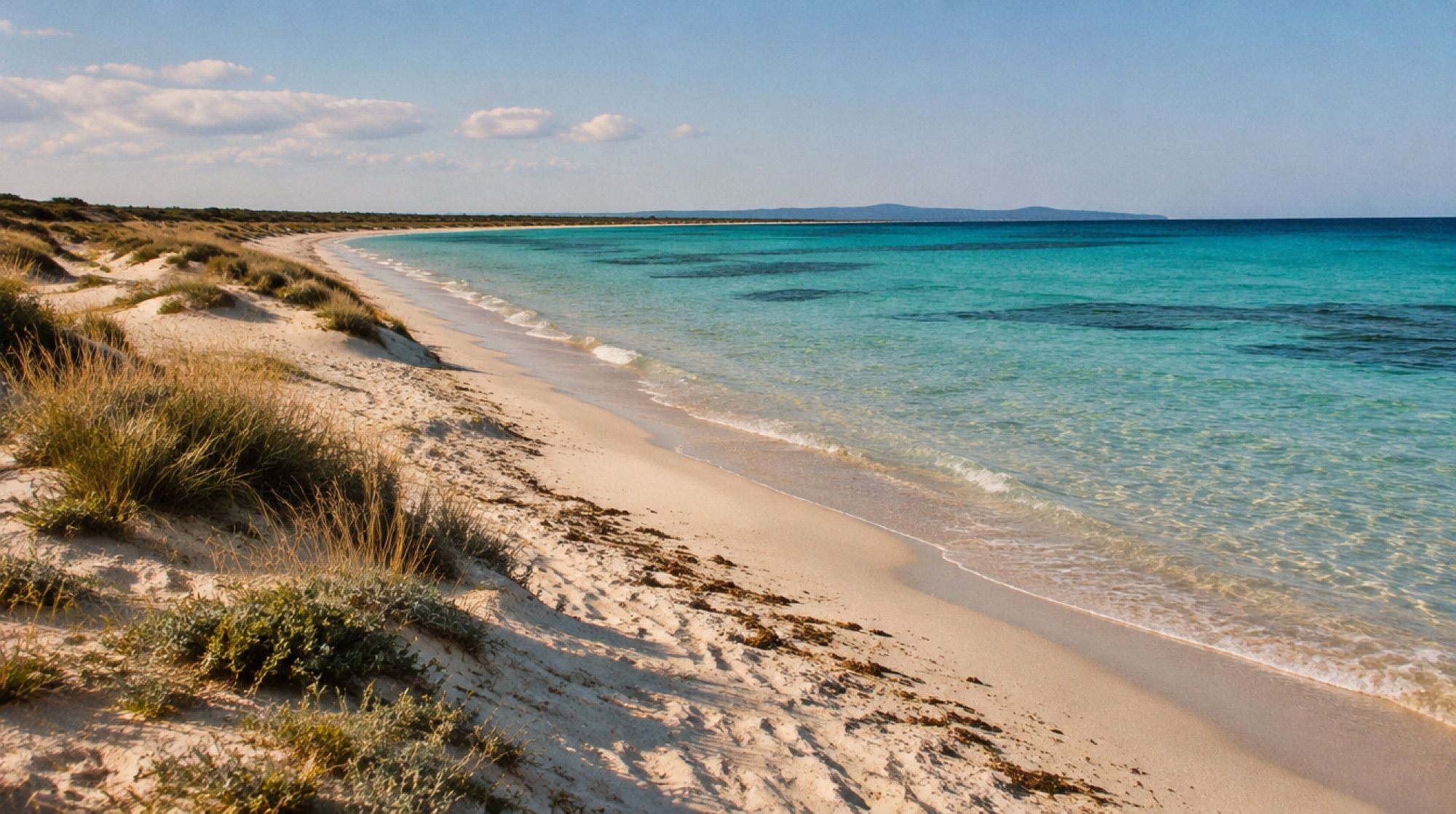 Naturstrand Es Trenc mit Dünen und flachem türkisfarbenem Wasser am Vormittag