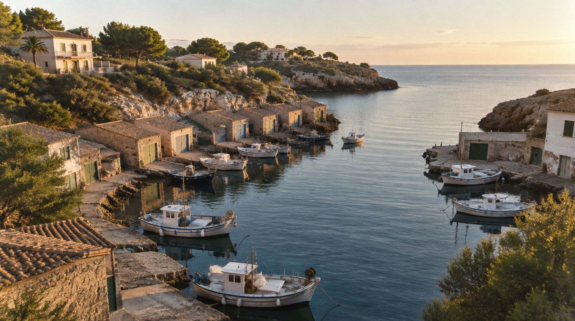 Fischerhafen Cala Figuera im Morgenlicht mit Bootshäusern und ruhigem Wasser
