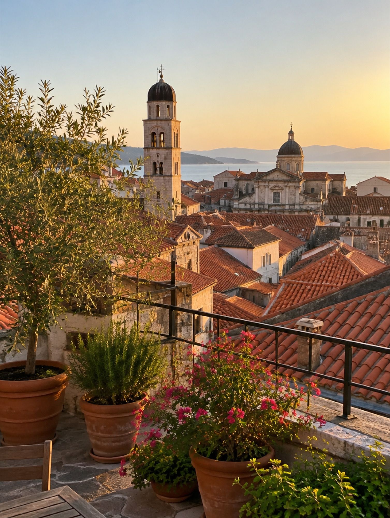 Blick über Ziegeldächer und Kirchtürme einer Altstadt im Abendlicht