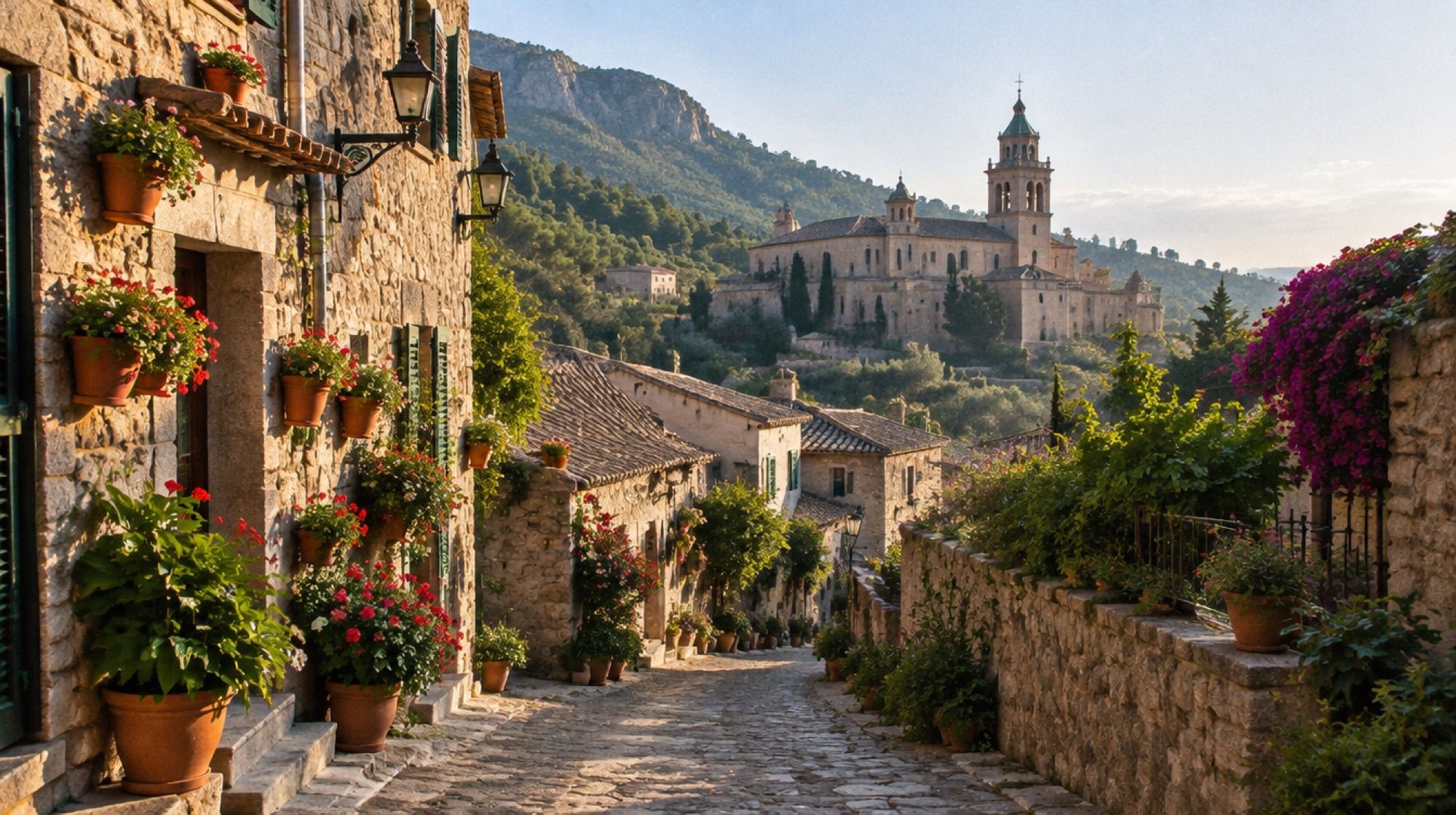 Gasse in Valldemossa mit Steinhäusern, Blumentöpfen und dem Turm der Kartause