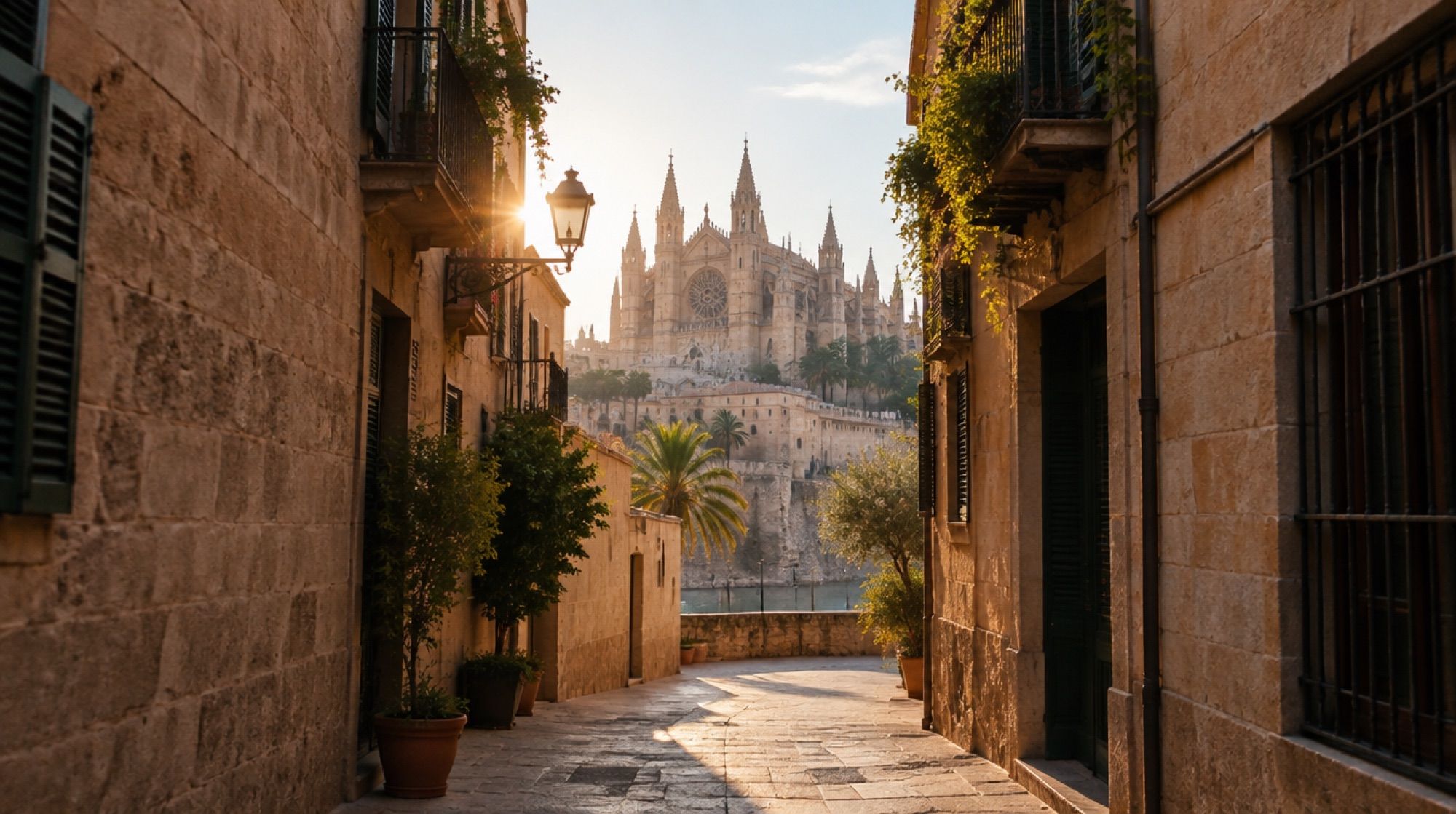 Altstadtgasse in Palma mit Blick auf die Kathedrale am Samstagvormittag